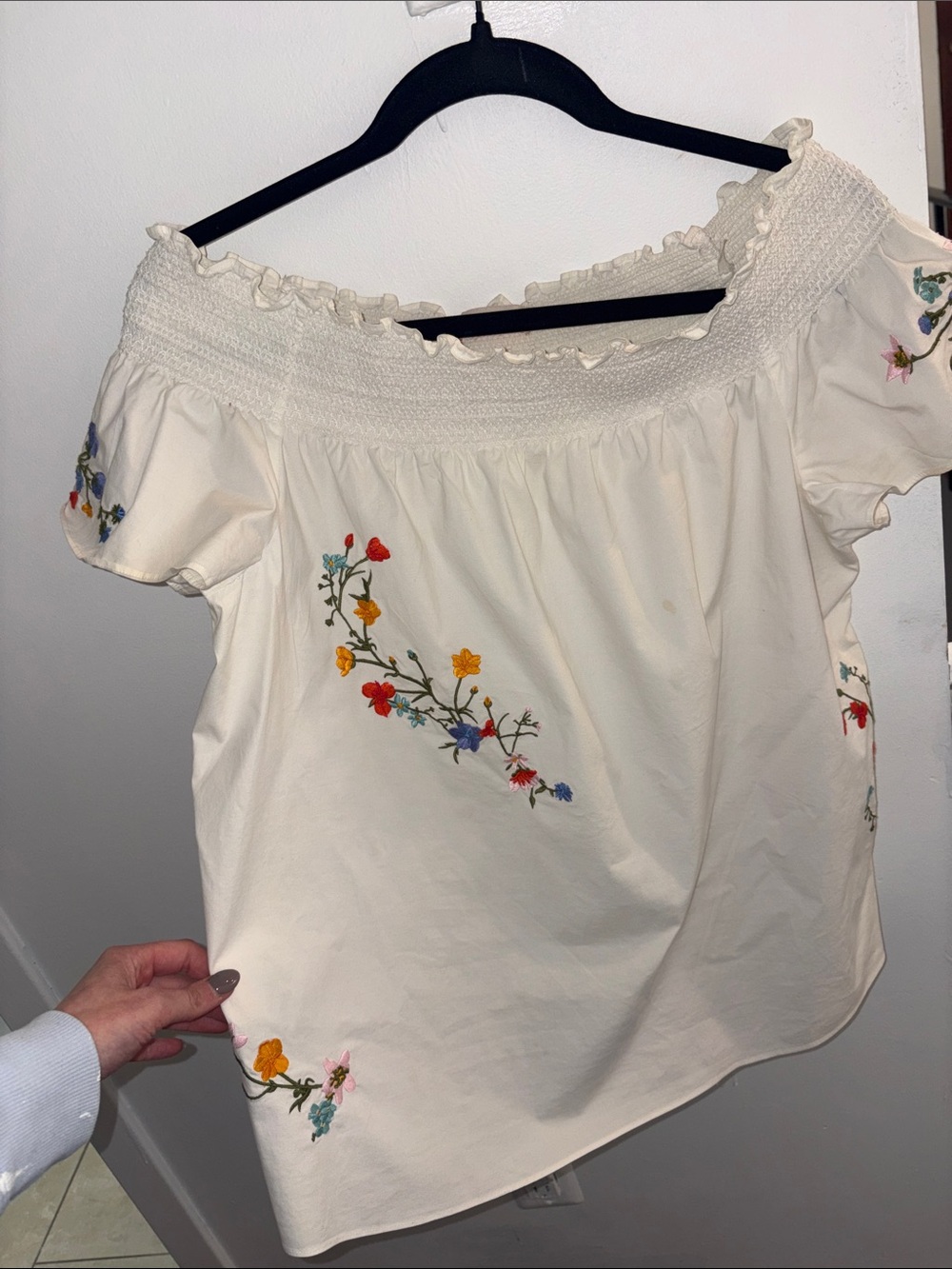 Tory Burch Cream Off-Shoulder Top with Multicolor Floral Embroidery